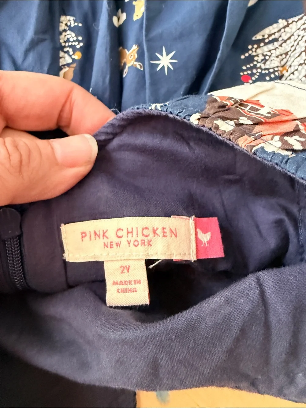 Pink Chicken navy and cream printed dress holiday theme
